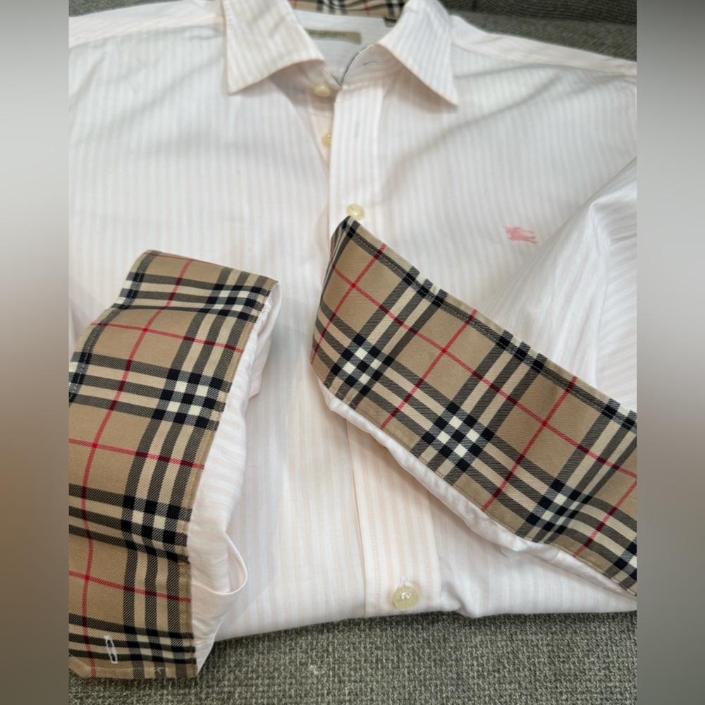 Burberry Men's Striped White Shirt with Check Cuffs - Picture 5 of 12